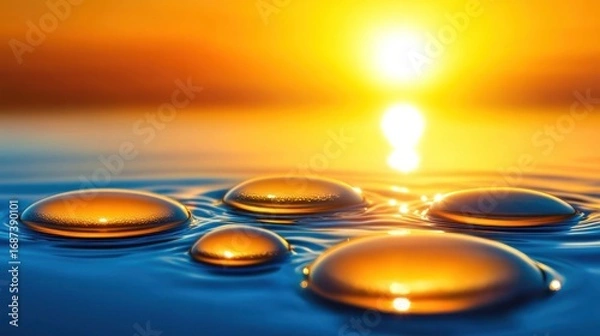 Fototapeta Golden drops on a blue water surface at sunset shimmering in the warm light creating a magical and