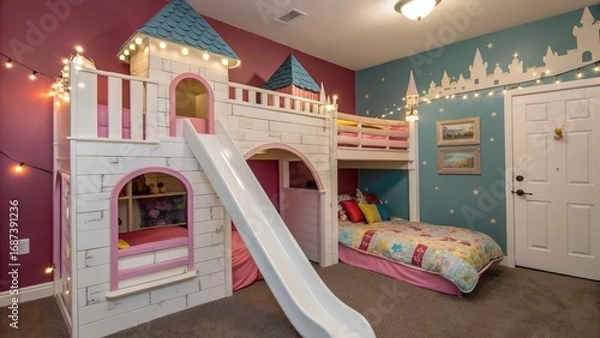 Fototapeta A whimsical bedroom featuring a castle themed bunk bed with a slide and fairy light decorations