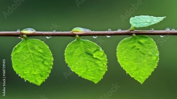 Fototapeta Fresh green leaves and raindrops creating a serene nature scene on a branch freshness