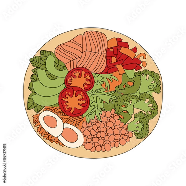 Fototapeta Plate with avocado, broccoli, tomatoes egg and salmon isolated. Plate of healthy food with vegetables and fish top view. Nutritious and healthy breakfast, lunch or dinner. Flat style vector 
