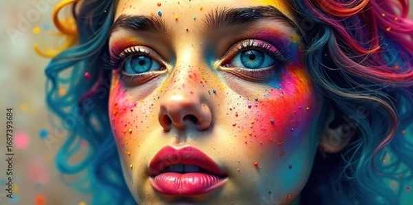 Fototapeta Close-up of a vibrant, colorful painted portrait slowly mending, cracks filling, colors restoring A visual representation of healing and restoration , hues, mend