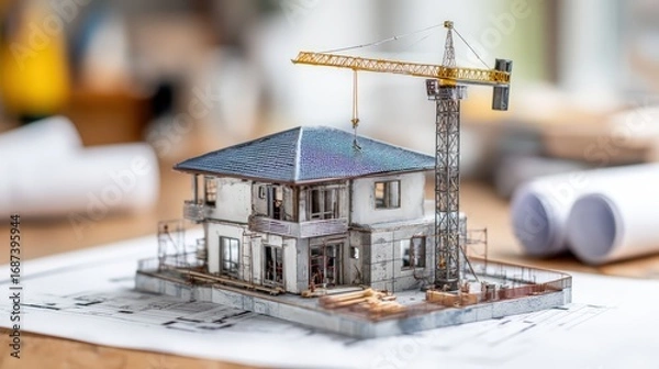 Fototapeta Detailed miniature architectural model of a house with a construction crane on blueprint paper for building project planning and design