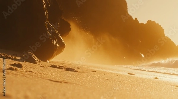 Fototapeta Golden hour on a secluded beach with dramatic rock formations and ocean waves