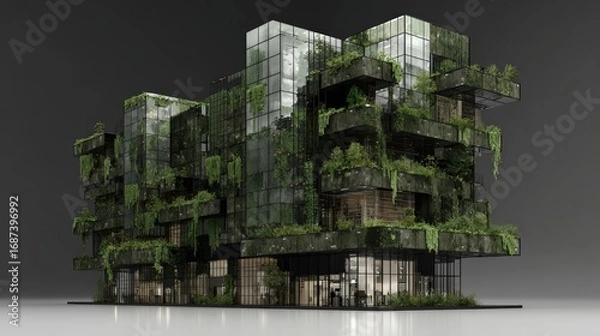Fototapeta Modern eco friendly building with glass facades and lush green plants integrated into the structure showcasing sustainable architecture design