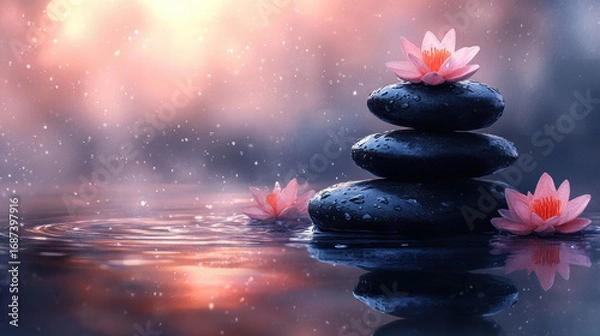 Obraz Dark stacked zen stones with blooming pink lotus flowers float on water. Soft sunset light and dreamy pink tones in background. Floral, peaceful spa atmosphere. 