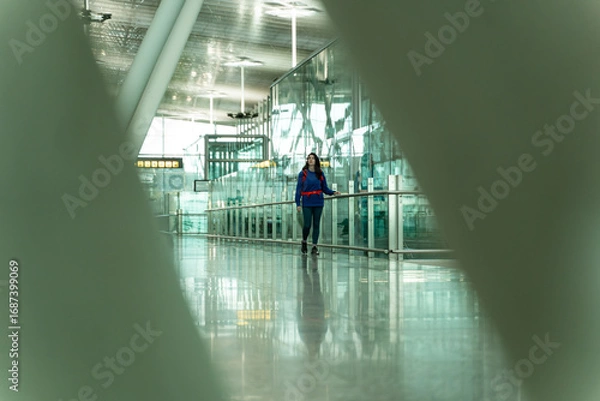 Obraz A young Caucasian woman with fair skin wearing a blue sweatshirt walks through the airport waiting for her boarding time. She carries a backpack and is dressed comfortably for traveling. Vigo, Spain