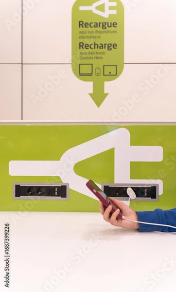 Fototapeta I charge my device at a charging point at the airport.