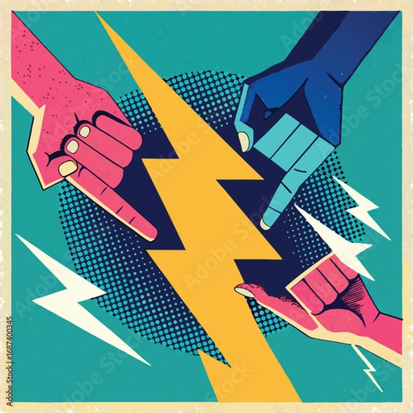 Fototapeta Retro pop art illustration showcasing hands and lightning bolt on textured background.
