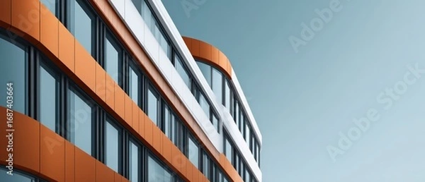 Fototapeta Modern multi-story building with curved architectural design, glass , and orange accents on a clear blue sky background