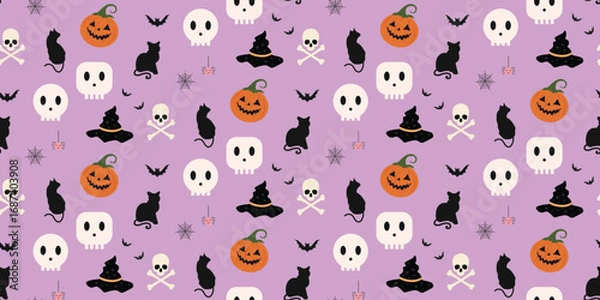 Fototapeta Vintage Halloween Elements Seamless Pattern for Retro Fabric, Wallpaper, Textile, Home Decor, Wrapping Paper, Scrapbooking
