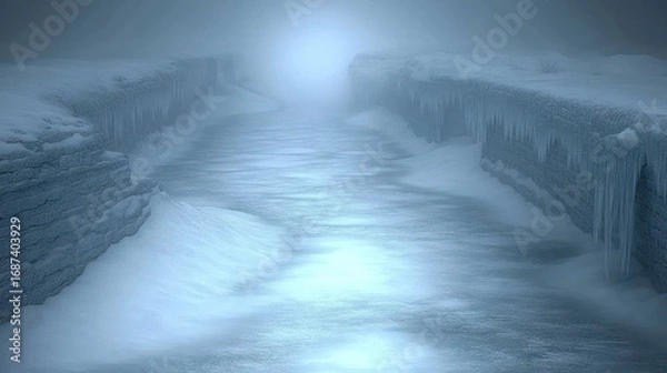 Fototapeta Ethereal frozen river cutting through snow-covered banks under a misty sky