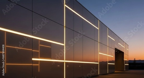 Obraz Illuminated building exterior with geometric light design at dusk reflecting sunset