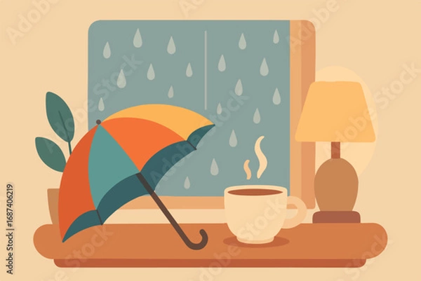 Fototapeta Flat-style vector illustration of a cozy rainy season scene with a colorful umbrella, warm indoor atmosphere, steaming cup of coffee or tea, raindrops on the window, and soft lighting in muted pastel 