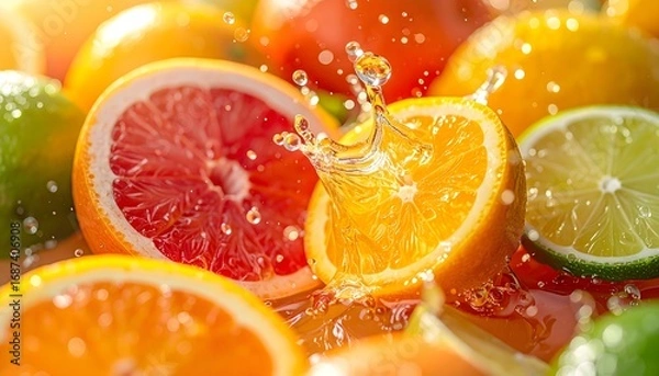 Fototapeta Rodajas de naranja, lima y pomelo con gotas de agua en macro vibrante