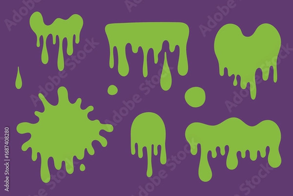 Fototapeta Green slime splashes and drips on dark background. Halloween toxic liquid elements for decoration and design.