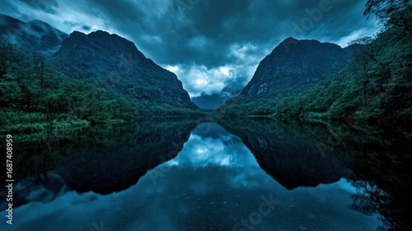 Fototapeta Serene mountain landscape reflecting on a tranquil lake under a dramatic cloudy sky