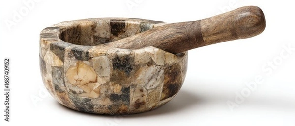 Fototapeta Traditional stone mortar and pestle used for grinding herbs spices and prepa traditional medicine in rustic kitchen setting
