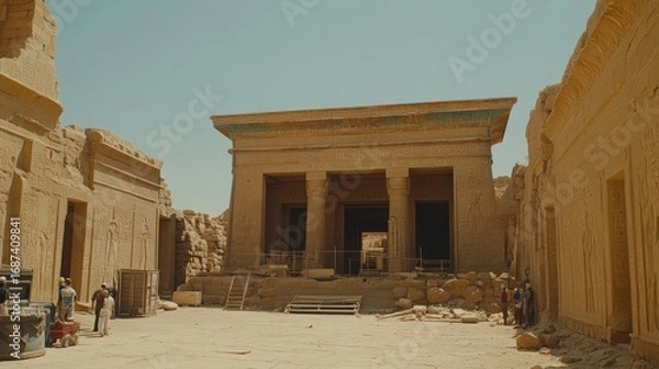 Fototapeta Ancient Egyptian temple complex in the desert with tourists exploring the site showcasing history