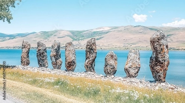 Fototapeta Tranquil lakeside landscape with a row of standing stones under a blue sky on a sunny day