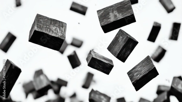 Fototapeta Abstract monochrome image featuring a dynamic arrangement of floating wooden cubes