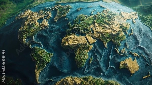 Fototapeta Detailed world map showing continents and oceans with topographical features and depth variations