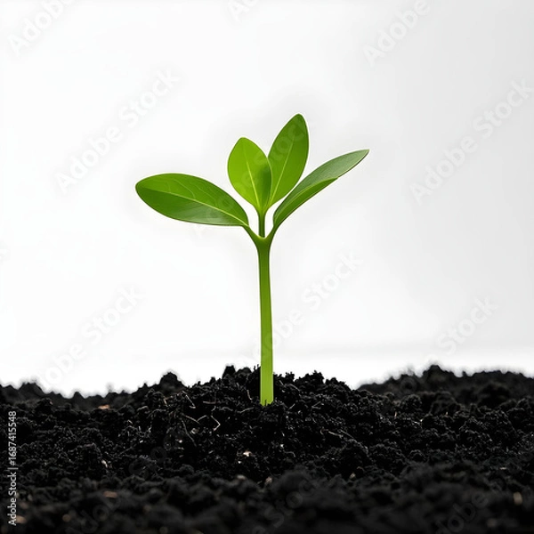 Fototapeta Vibrant green seedling sprouts from rich dark soil, symbolizing new beginnings and growth