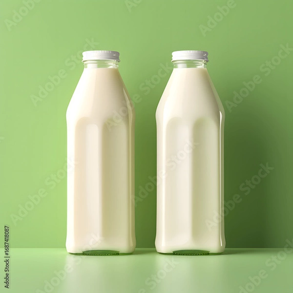 Fototapeta Two glass milk bottles filled with fresh dairy on green background in clean minimal food photography style