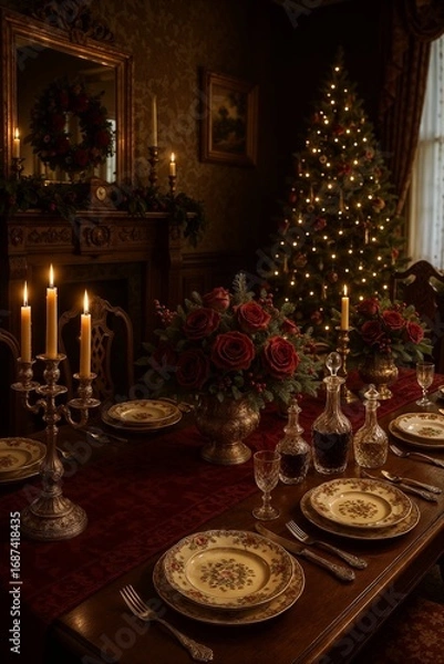 Fototapeta christmas table setting with christmas tree