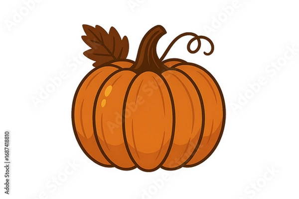 Obraz Cartoon orange pumpkin with stem and leaf on black background