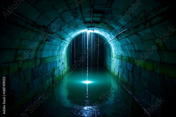Fototapeta Mysterious glowing tunnel with falling water creates an ethereal, otherworldly atmosphere
