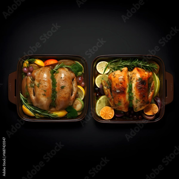 Fototapeta Oven-roasted chicken and vegetables served in two cast-iron pans on dark background in warm rustic food presentation