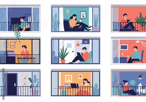 Fototapeta Diverse people engaging in various activities within their home apartments viewed from outside the windows