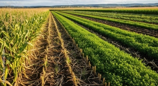 Fototapeta Medium shot of a sustainable farm field transitioning from corn to cover crops showcasing strategies to improve soil structure and moisture retention.