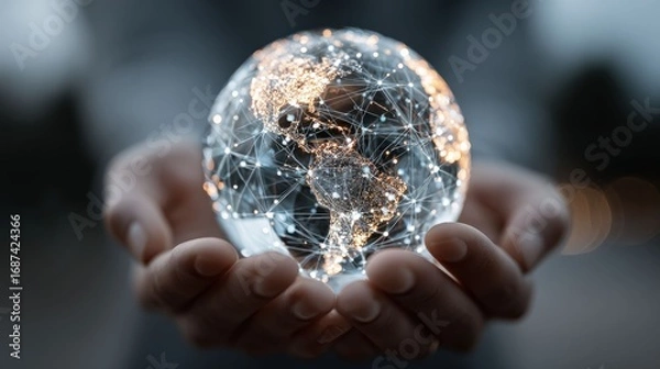 Fototapeta a glowing digital globe held gently in two hands, symbolizing connectivity and global networking. A person's hands cradle a bright, digital representation of the Earth