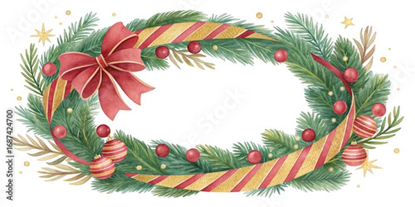 Fototapeta A beautifully crafted wreath featuring lush green pine branches, vibrant red and gold ornaments, and a prominent red bow.AI generated.