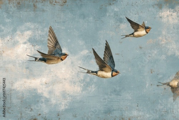 Fototapeta Three swallows in flight against a textured, light blue sky