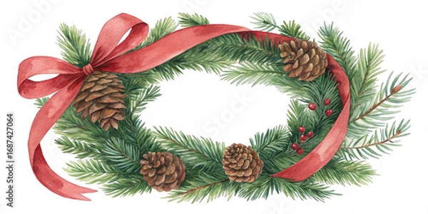 Fototapeta A beautifully crafted wreath features lush evergreen branches adorned with pine cones and bright red berries. AI generated.