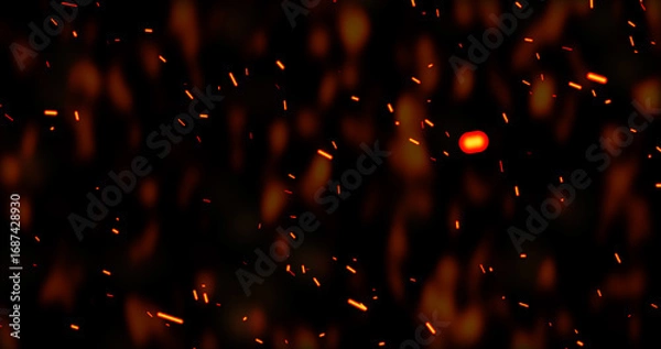 Fototapeta Realistic surreal ember fire dust slowly rising up with smoke in black. Grunge dark fire sparks flying isolated. Overlay spark tiny flake burning animation. Hell rising burst inferno. Fire burst dust.
