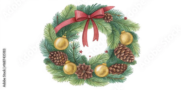 Fototapeta A beautifully crafted wreath features lush green pine branches adorned with golden ornaments and pinecones. AI generated.
