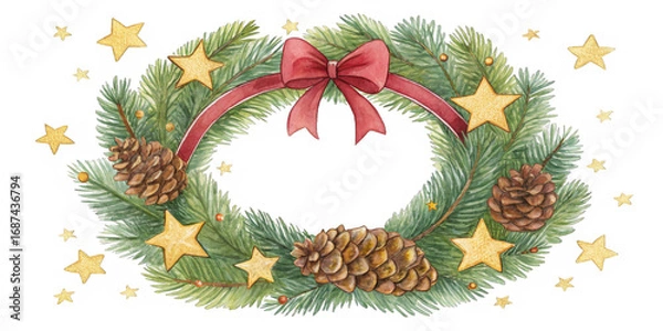Fototapeta A beautifully crafted Christmas wreath features lush green pine branches adorned with golden stars and pinecones. AI generated.
