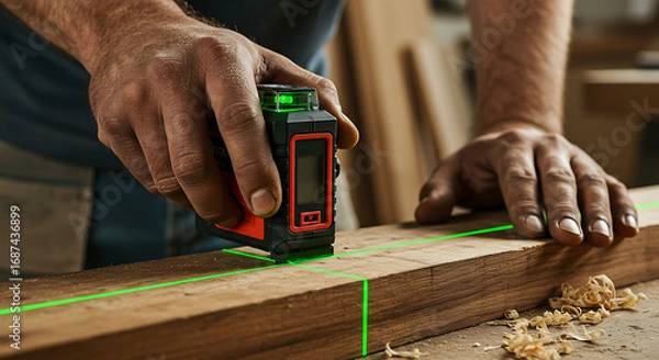 Obraz Hands Using a Laser Level to Mark a Line on a Wood Plank