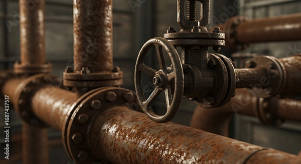 Obraz Rusted industrial pipe system with a focus on a large valve