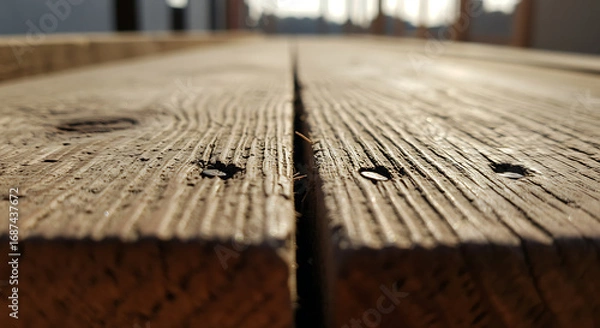 Obraz Macro shot of worn wooden planks with nails, low angle view