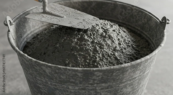 Obraz Close-up of a trowel resting on a bucket of cement