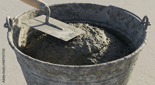 Obraz Cement mixture in a rusty bucket with a trowel on top