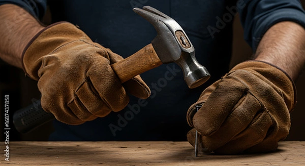 Obraz Hands in work gloves hammering a nail into wood