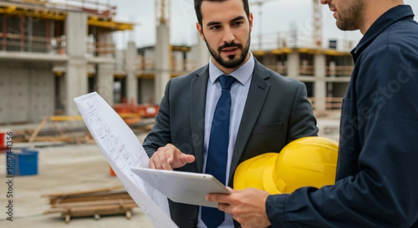 Obraz Businessman and construction worker reviewing blueprints on a job site