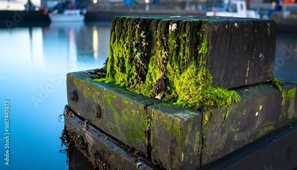 Obraz Wooden dock post covered in moss