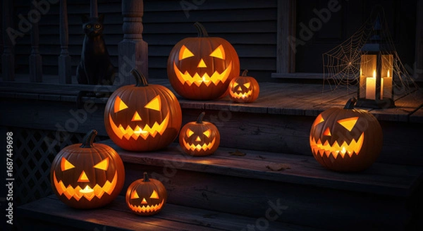 Fototapeta Halloween spooky decorations frame with skulls spiders bats and pumpkins