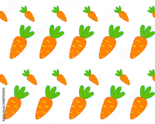 Fototapeta Seamless carrot pattern illustration created with digital colored pencils. Cute and playful vegetable background design for kids, kitchen, or food projects.